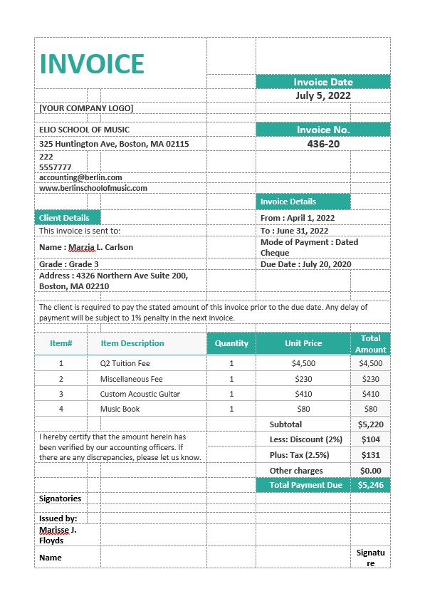 Music School Invoice Template PSD template